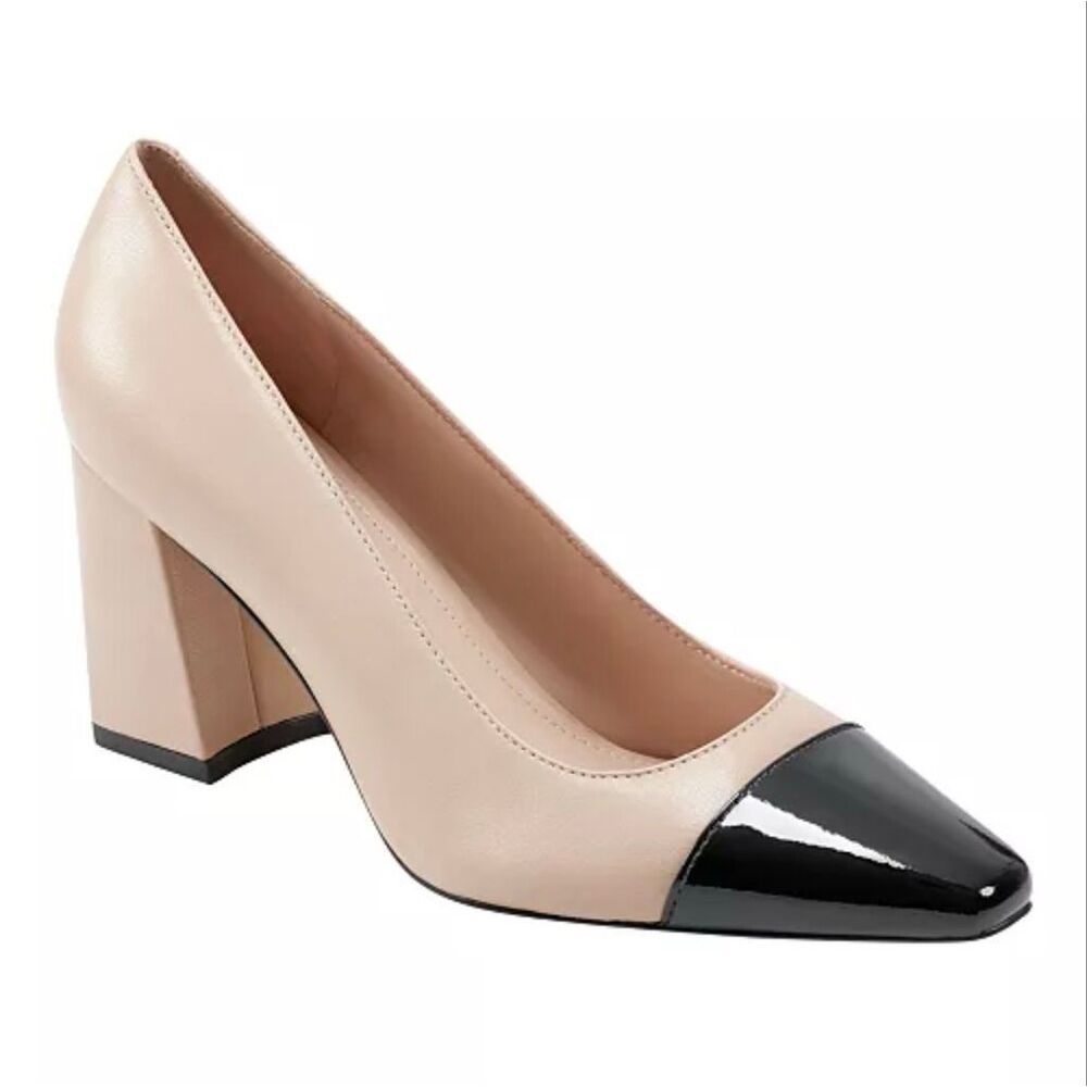 Marc Fisher LTD Vernie 2.56” Leather Slip-On Block Heel Dress Pumps Natural/Blac